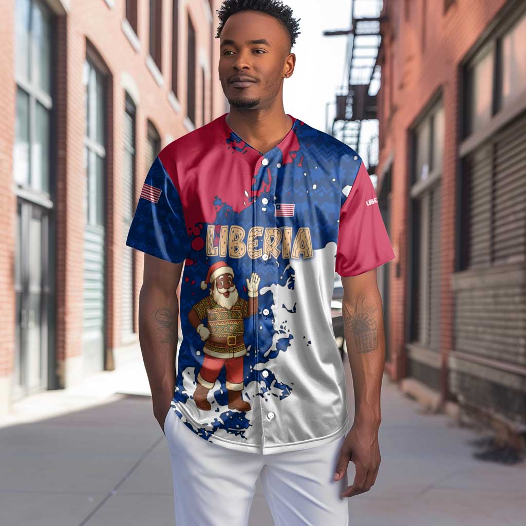 Liberia Christmas Baseball Jersey Santa Claus Map Graphic and Red Blue Festive - African Pride