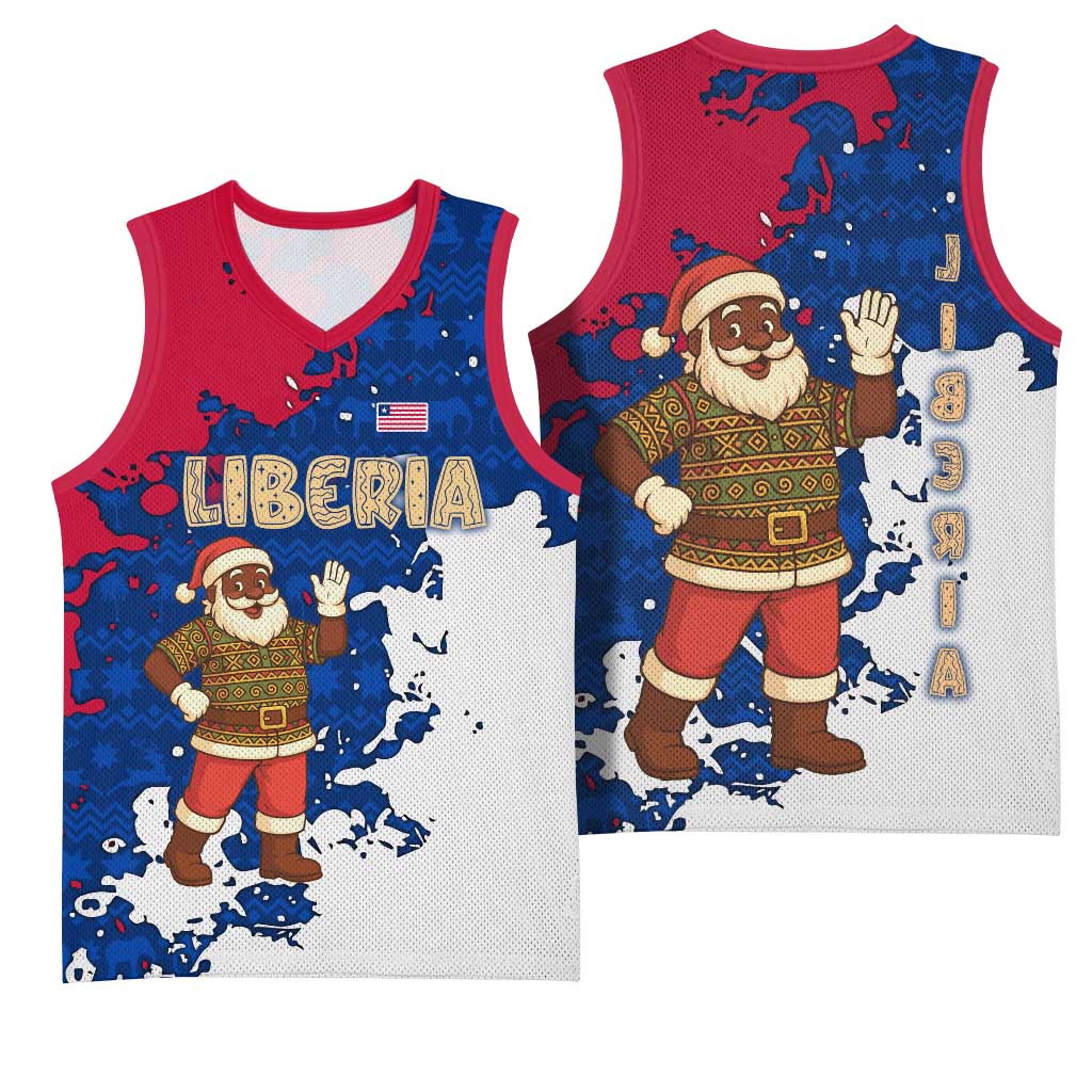 Liberia Christmas Basketball Jersey Santa Claus Map Graphic and Red Blue Festive - African Pride