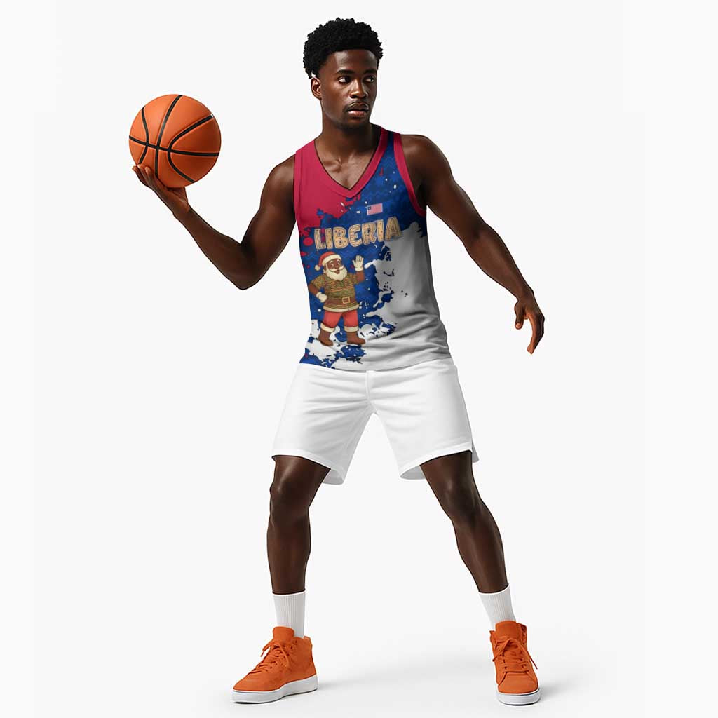Liberia Christmas Basketball Jersey Santa Claus Map Graphic and Red Blue Festive - African Pride
