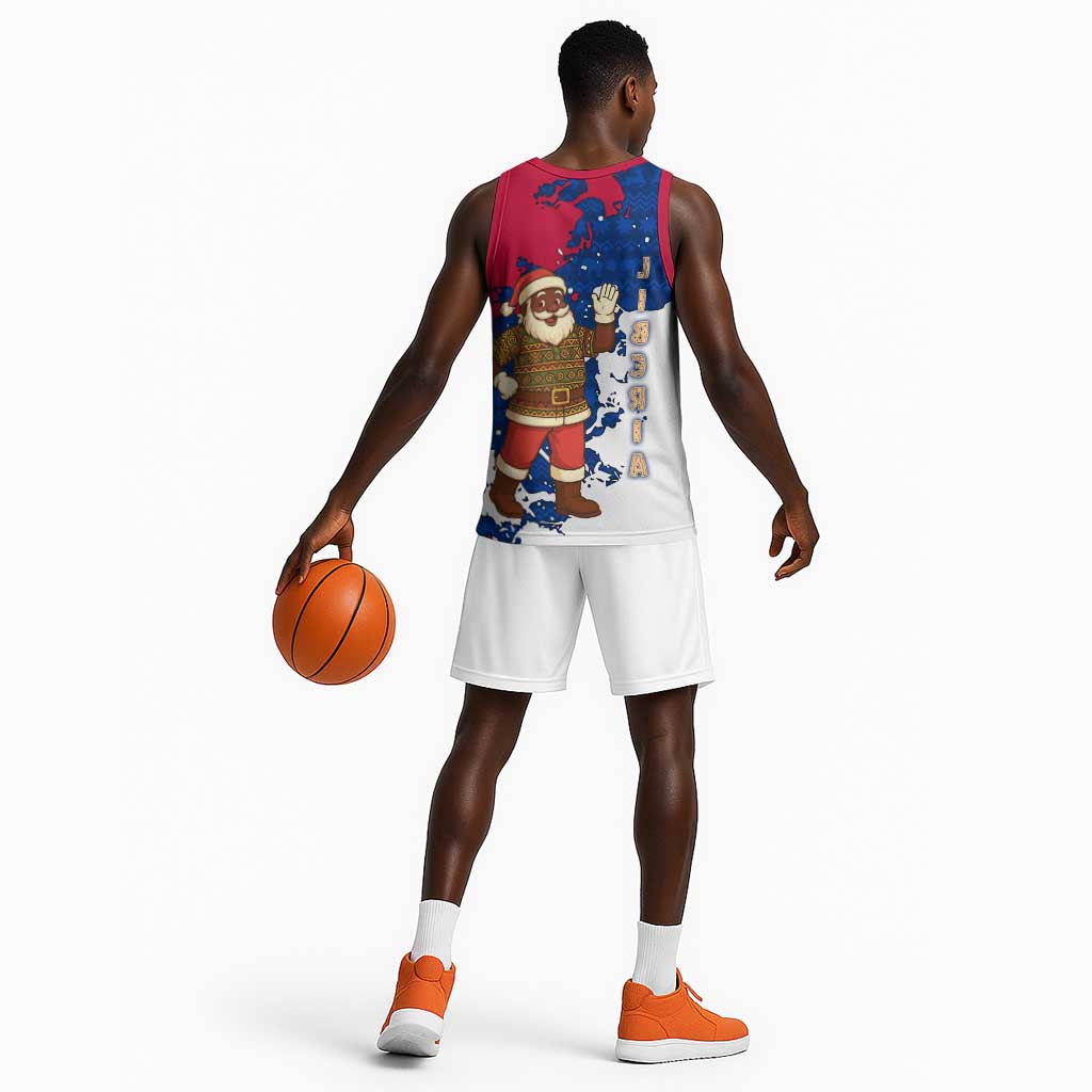 Liberia Christmas Basketball Jersey Santa Claus Map Graphic and Red Blue Festive - African Pride