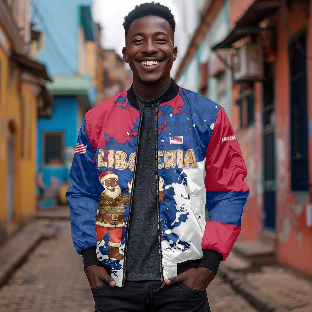 Liberia Christmas Bomber Jacket Santa Claus Map Graphic and Red Blue Festive - African Pride