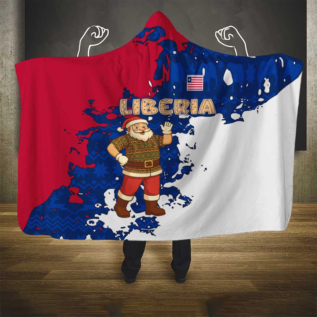 Liberia Christmas Hooded Blanket Santa Claus Map Graphic and Red Blue Festive - African Pride
