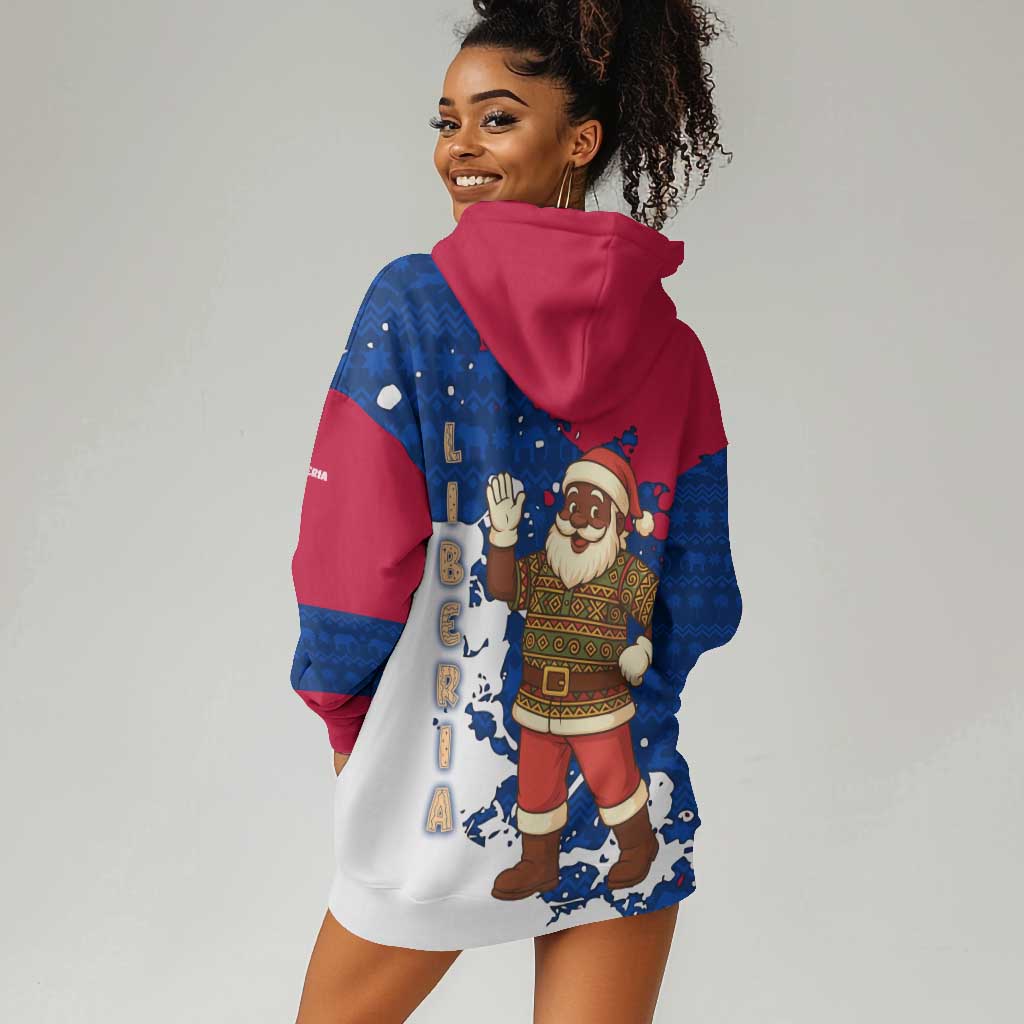Liberia Christmas Hoodie Dress Santa Claus Map Graphic and Red Blue Festive - African Pride