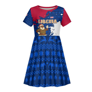 Liberia Christmas Kid Short Sleeve Dress Santa Claus Map Graphic and Red Blue Festive - African Pride