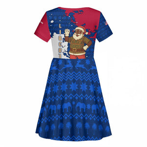 Liberia Christmas Kid Short Sleeve Dress Santa Claus Map Graphic and Red Blue Festive - African Pride