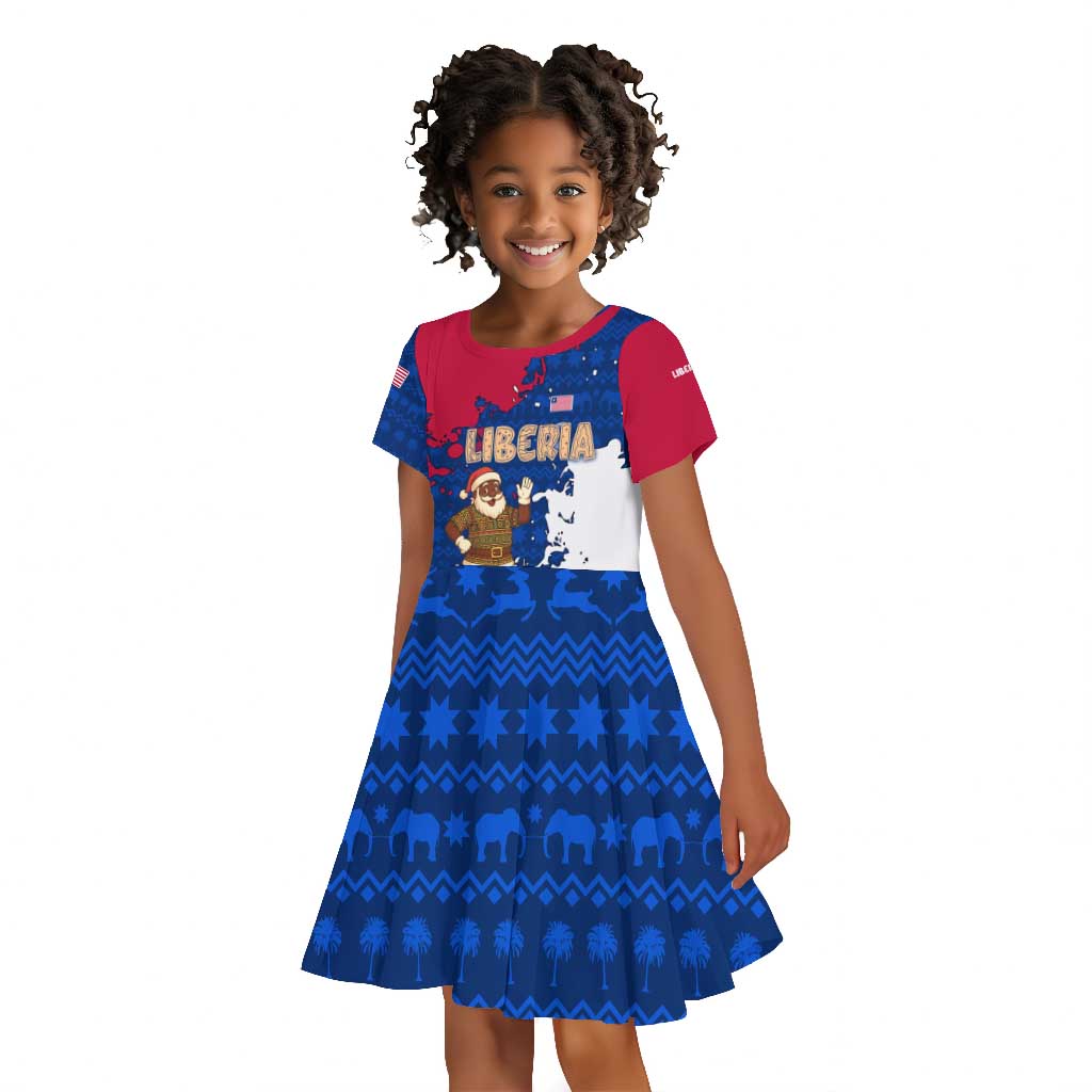Liberia Christmas Kid Short Sleeve Dress Santa Claus Map Graphic and Red Blue Festive - African Pride