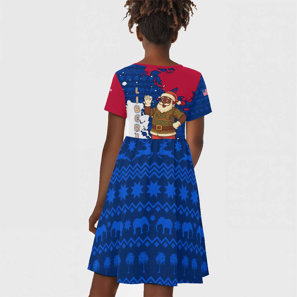 Liberia Christmas Kid Short Sleeve Dress Santa Claus Map Graphic and Red Blue Festive - African Pride