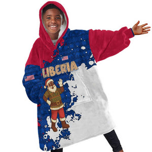 Liberia Christmas Kid Wearable Blanket Hoodie Santa Claus Map Graphic and Red Blue Festive - African Pride