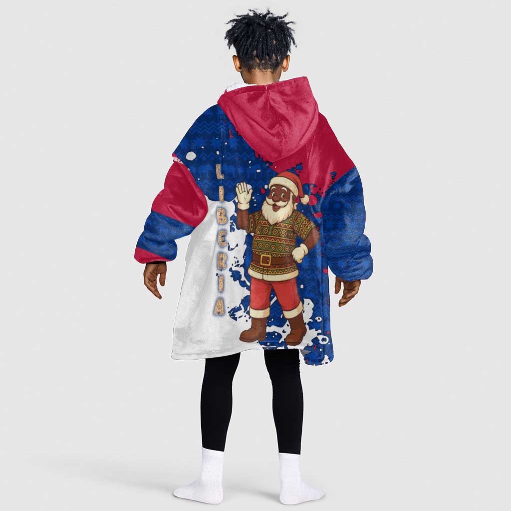 Liberia Christmas Kid Wearable Blanket Hoodie Santa Claus Map Graphic and Red Blue Festive - African Pride