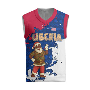 Liberia Christmas Knitted V-Neck Vest Santa Claus Map Graphic and Red Blue Festive - African Pride