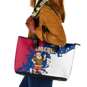 Liberia Christmas Leather Tote Bag Santa Claus Map Graphic and Red Blue Festive - African Pride