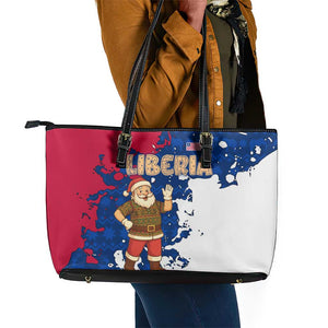 Liberia Christmas Leather Tote Bag Santa Claus Map Graphic and Red Blue Festive - African Pride