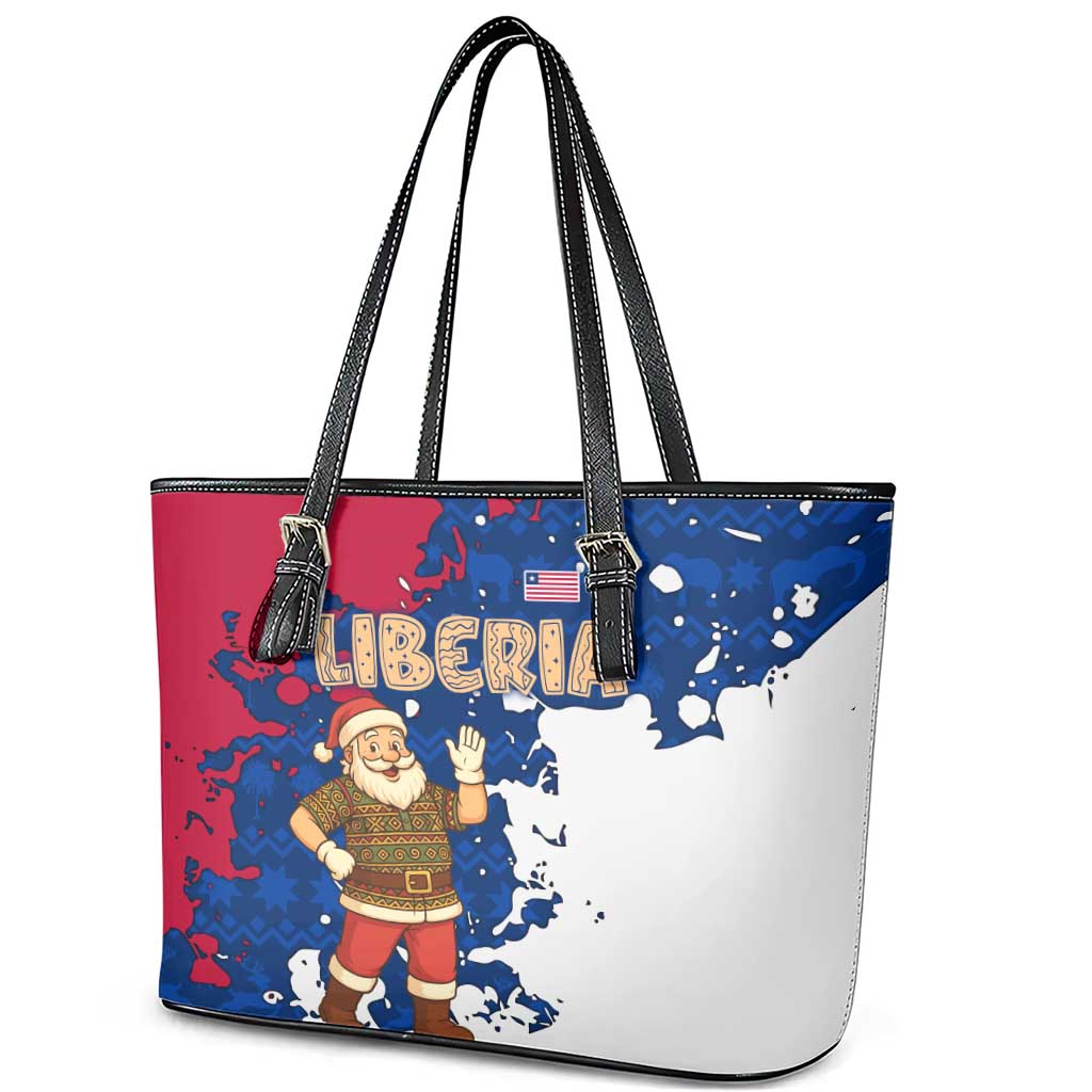 Liberia Christmas Leather Tote Bag Santa Claus Map Graphic and Red Blue Festive - African Pride