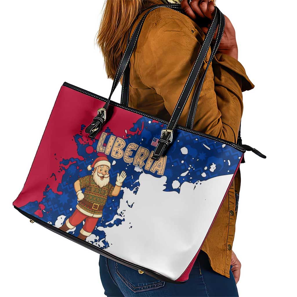 Liberia Christmas Leather Tote Bag Santa Claus Map Graphic and Red Blue Festive - African Pride