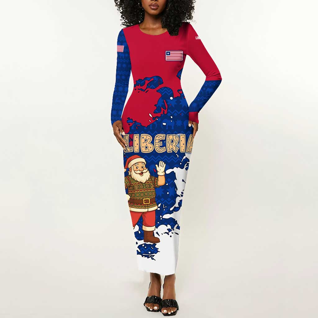 Liberia Christmas Long Sleeve Bodycon Dress Santa Claus Map Graphic and Red Blue Festive - African Pride