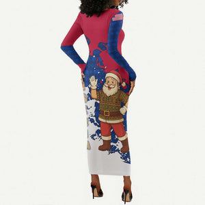Liberia Christmas Long Sleeve Bodycon Dress Santa Claus Map Graphic and Red Blue Festive - African Pride