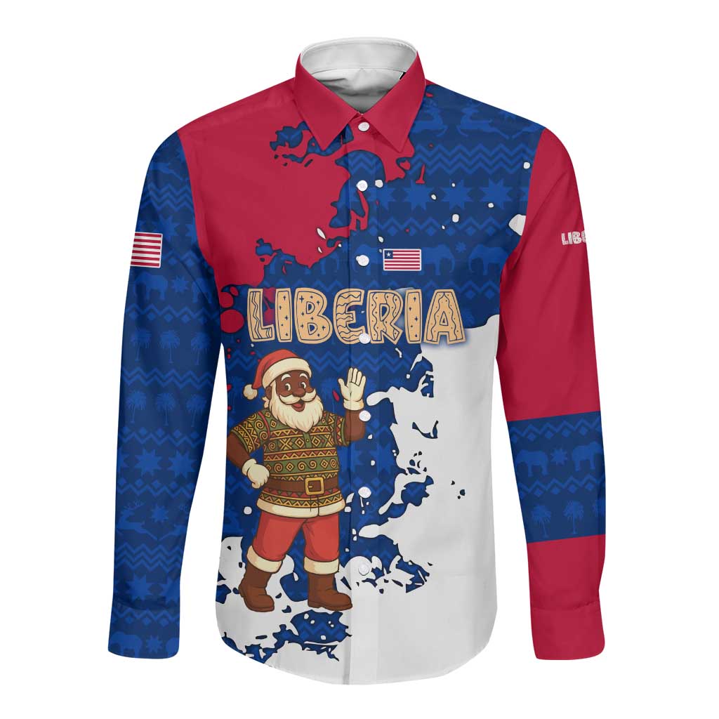 Liberia Christmas Long Sleeve Button Shirt Santa Claus Map Graphic and Red Blue Festive - African Pride
