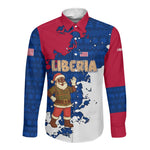 Liberia Christmas Long Sleeve Button Shirt Santa Claus Map Graphic and Red Blue Festive - African Pride