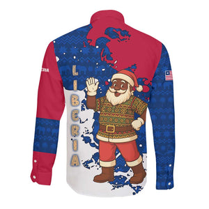 Liberia Christmas Long Sleeve Button Shirt Santa Claus Map Graphic and Red Blue Festive - African Pride