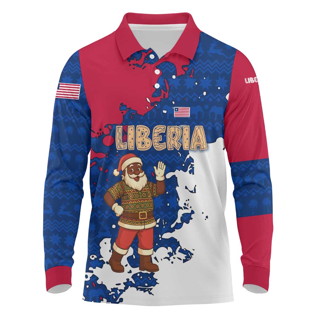 Liberia Christmas Long Sleeve Polo Shirt Santa Claus Map Graphic and Red Blue Festive - African Pride