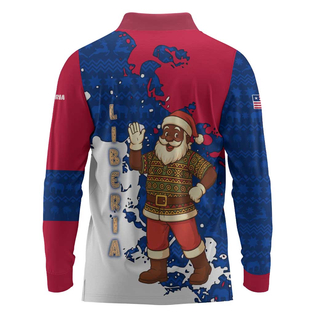 Liberia Christmas Long Sleeve Polo Shirt Santa Claus Map Graphic and Red Blue Festive - African Pride
