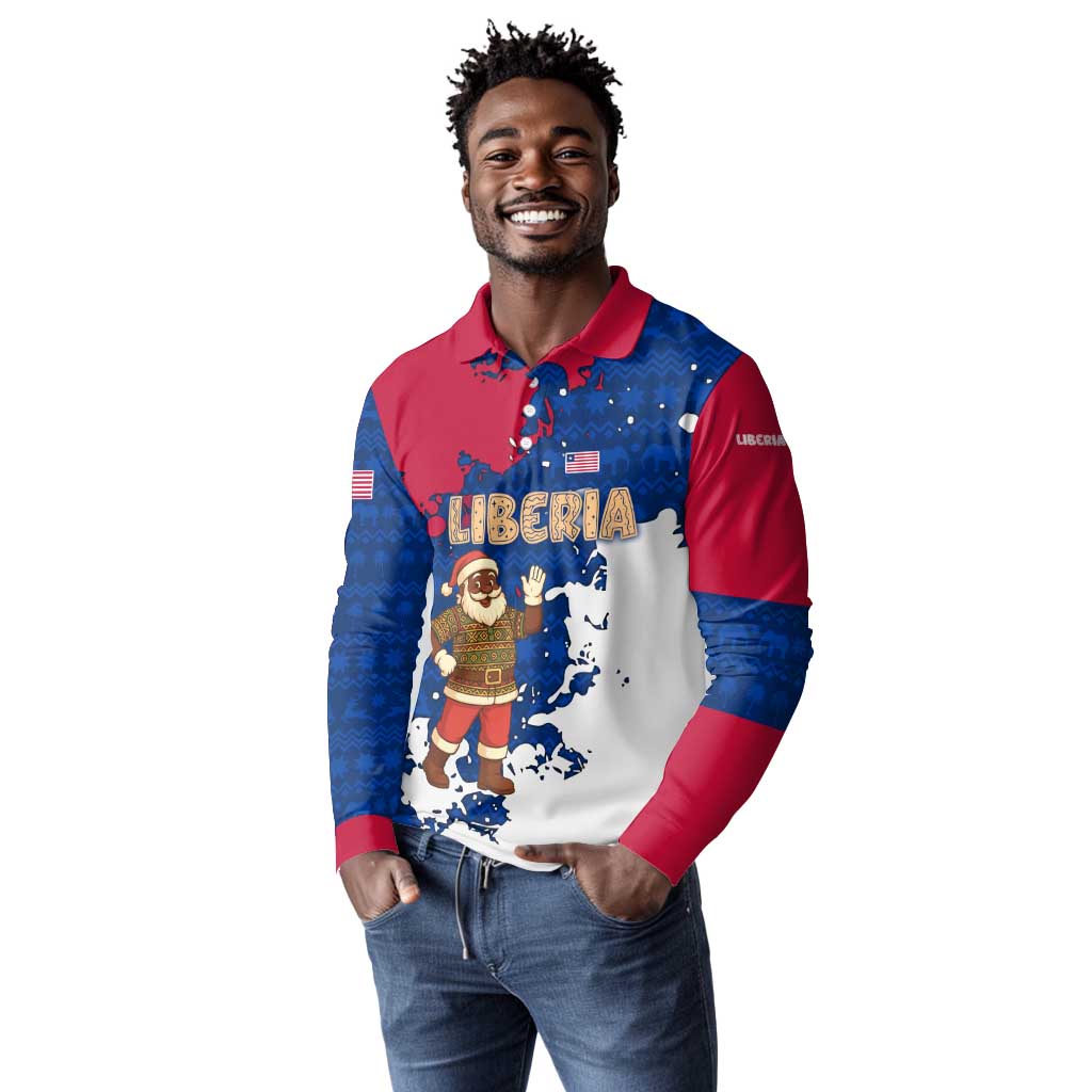 Liberia Christmas Long Sleeve Polo Shirt Santa Claus Map Graphic and Red Blue Festive - African Pride