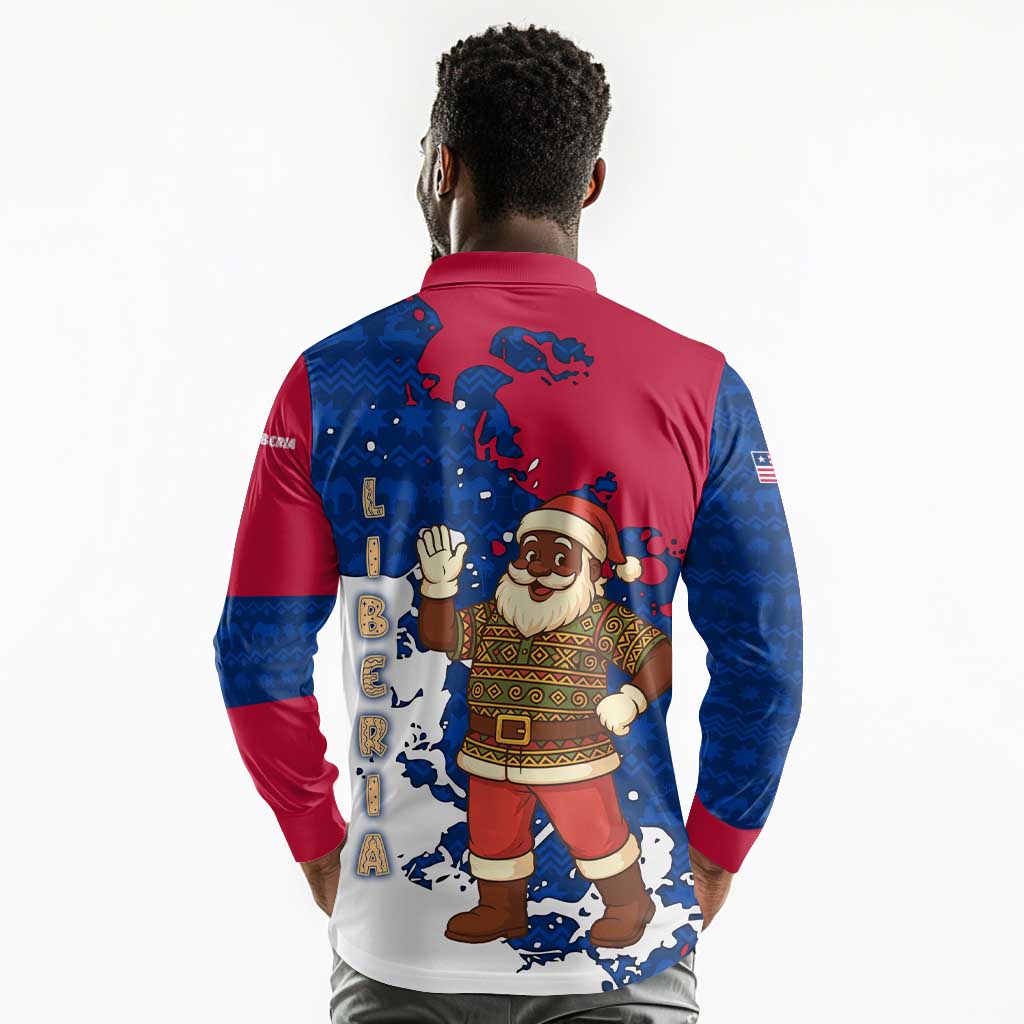 Liberia Christmas Long Sleeve Polo Shirt Santa Claus Map Graphic and Red Blue Festive - African Pride
