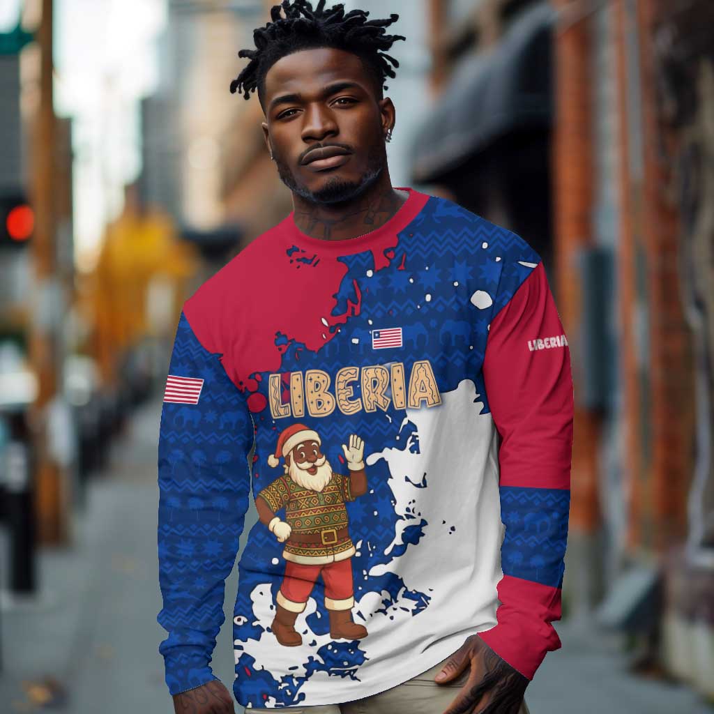 Liberia Christmas Long Sleeve Shirt Santa Claus Map Graphic and Red Blue Festive - African Pride