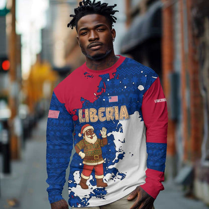 Liberia Christmas Long Sleeve Shirt Santa Claus Map Graphic and Red Blue Festive - African Pride