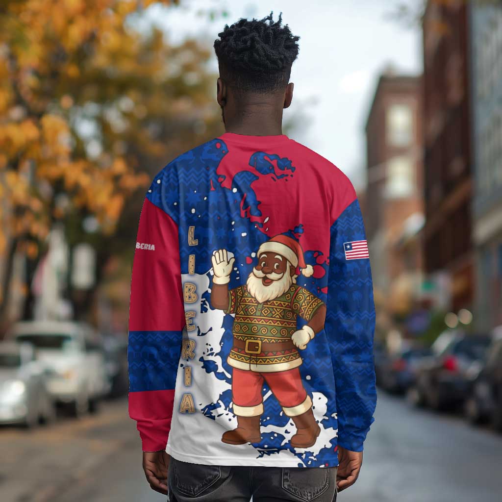 Liberia Christmas Long Sleeve Shirt Santa Claus Map Graphic and Red Blue Festive - African Pride