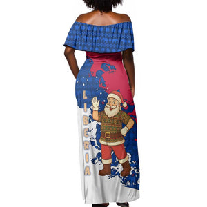 Liberia Christmas Off Shoulder Maxi Dress Santa Claus Map Graphic and Red Blue Festive - African Pride