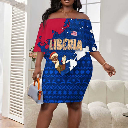 Liberia Christmas Off Shoulder Short Dress Santa Claus Map Graphic and Red Blue Festive - African Pride