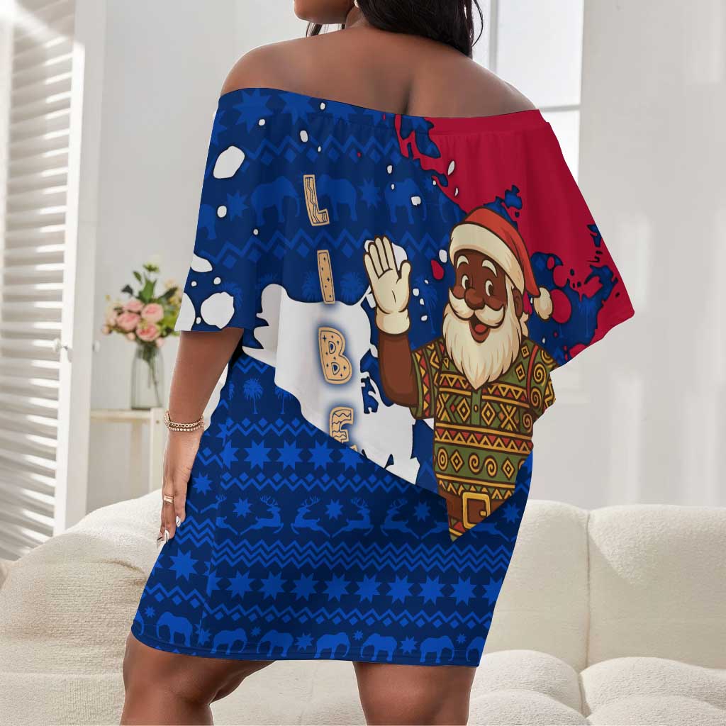 Liberia Christmas Off Shoulder Short Dress Santa Claus Map Graphic and Red Blue Festive - African Pride