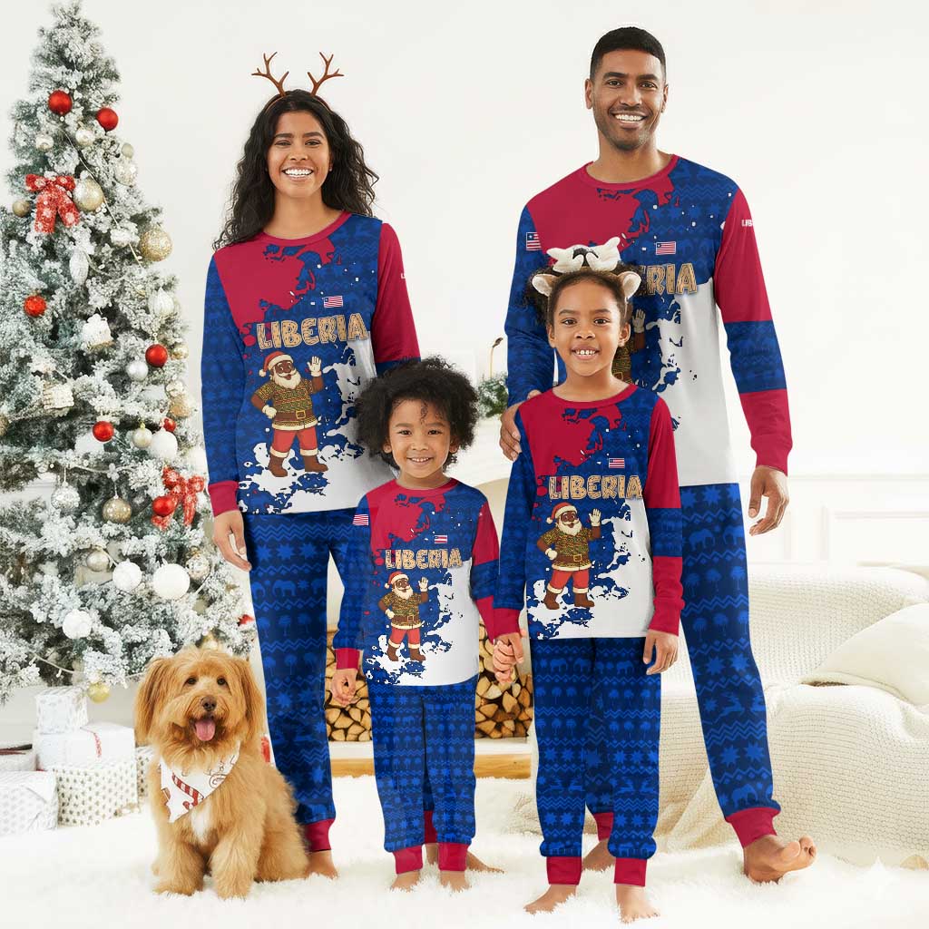 Liberia Christmas Pajama Set Santa Claus Map Graphic and Red Blue Festive - African Pride