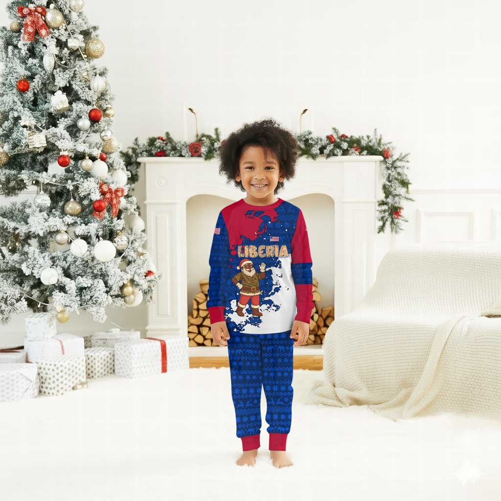 Liberia Christmas Pajama Set Santa Claus Map Graphic and Red Blue Festive - African Pride