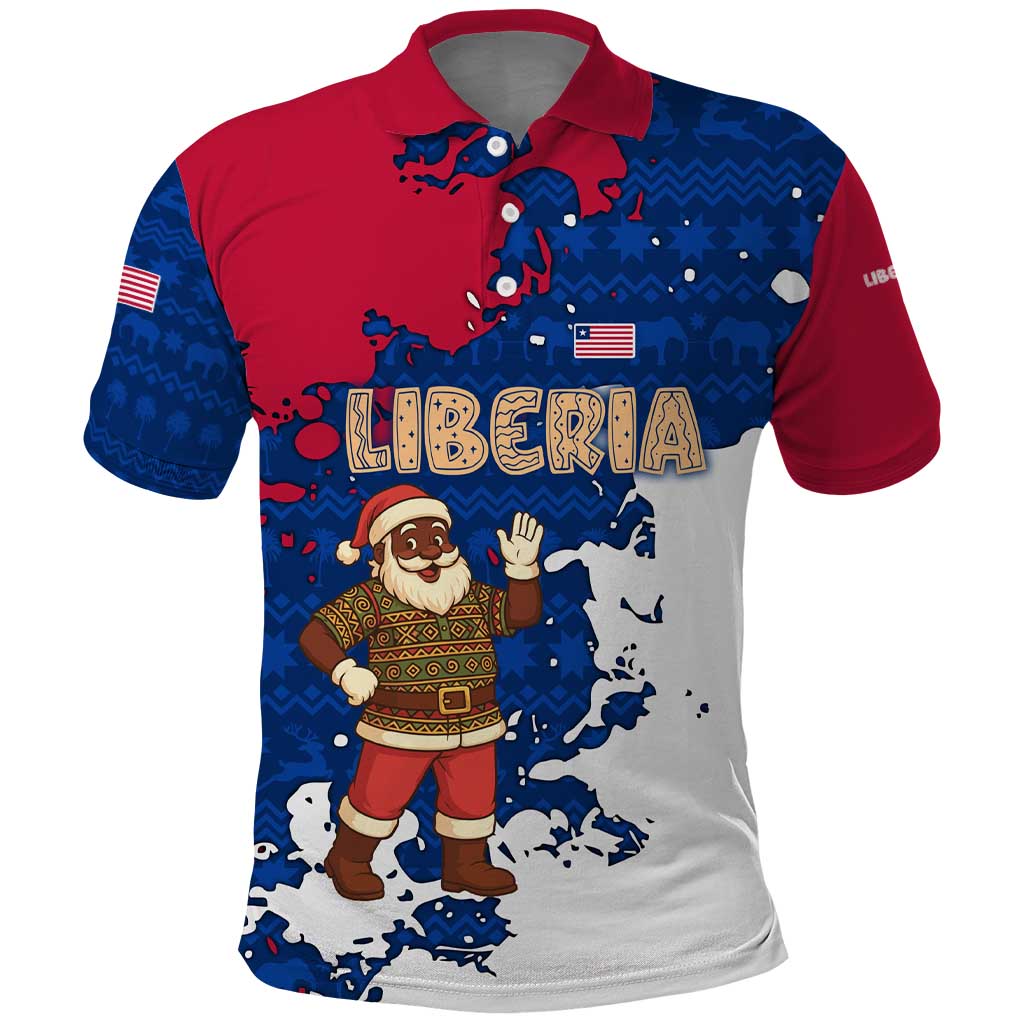 Liberia Christmas Polo Shirt Santa Claus Map Graphic and Red Blue Festive - African Pride
