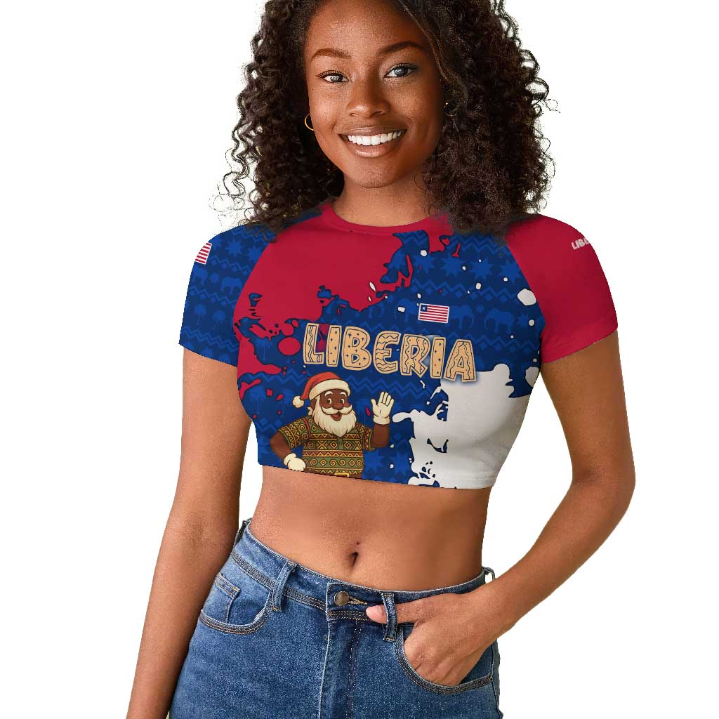 Liberia Christmas Raglan Cropped T shirt Santa Claus Map Graphic and Red Blue Festive - African Pride
