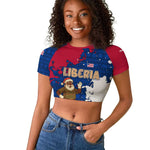 Liberia Christmas Raglan Cropped T shirt Santa Claus Map Graphic and Red Blue Festive - African Pride