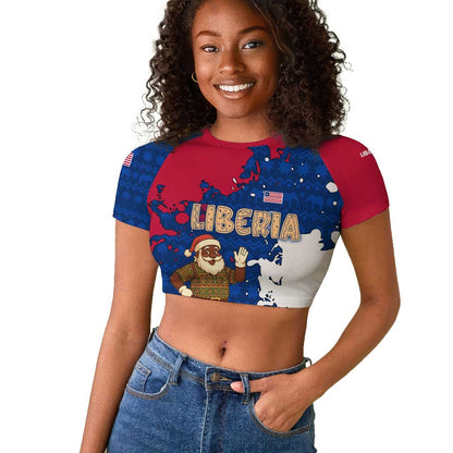Liberia Christmas Raglan Cropped T shirt Santa Claus Map Graphic and Red Blue Festive - African Pride