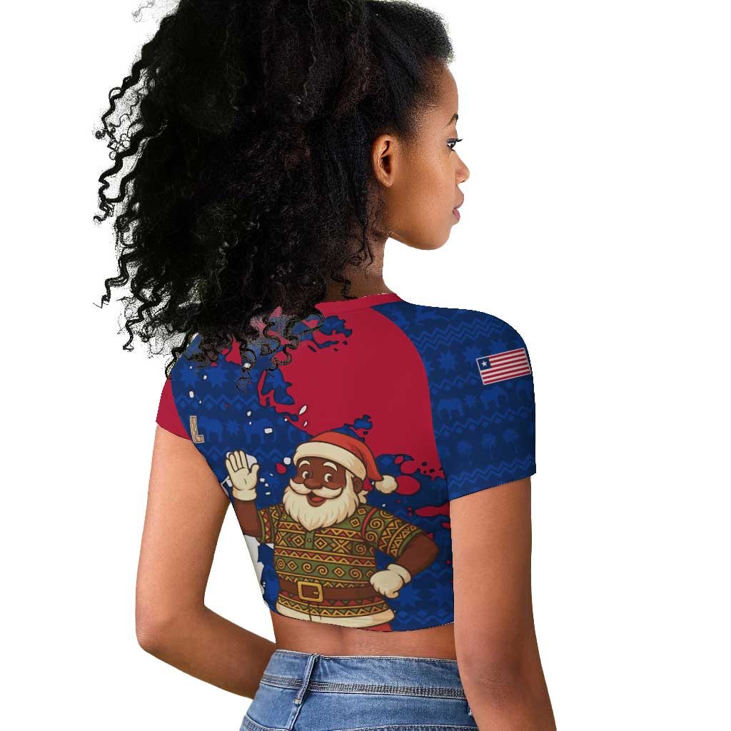 Liberia Christmas Raglan Cropped T shirt Santa Claus Map Graphic and Red Blue Festive - African Pride