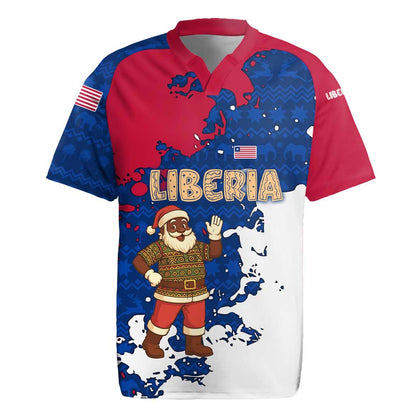 Liberia Christmas Rugby Jersey Santa Claus Map Graphic and Red Blue Festive - African Pride