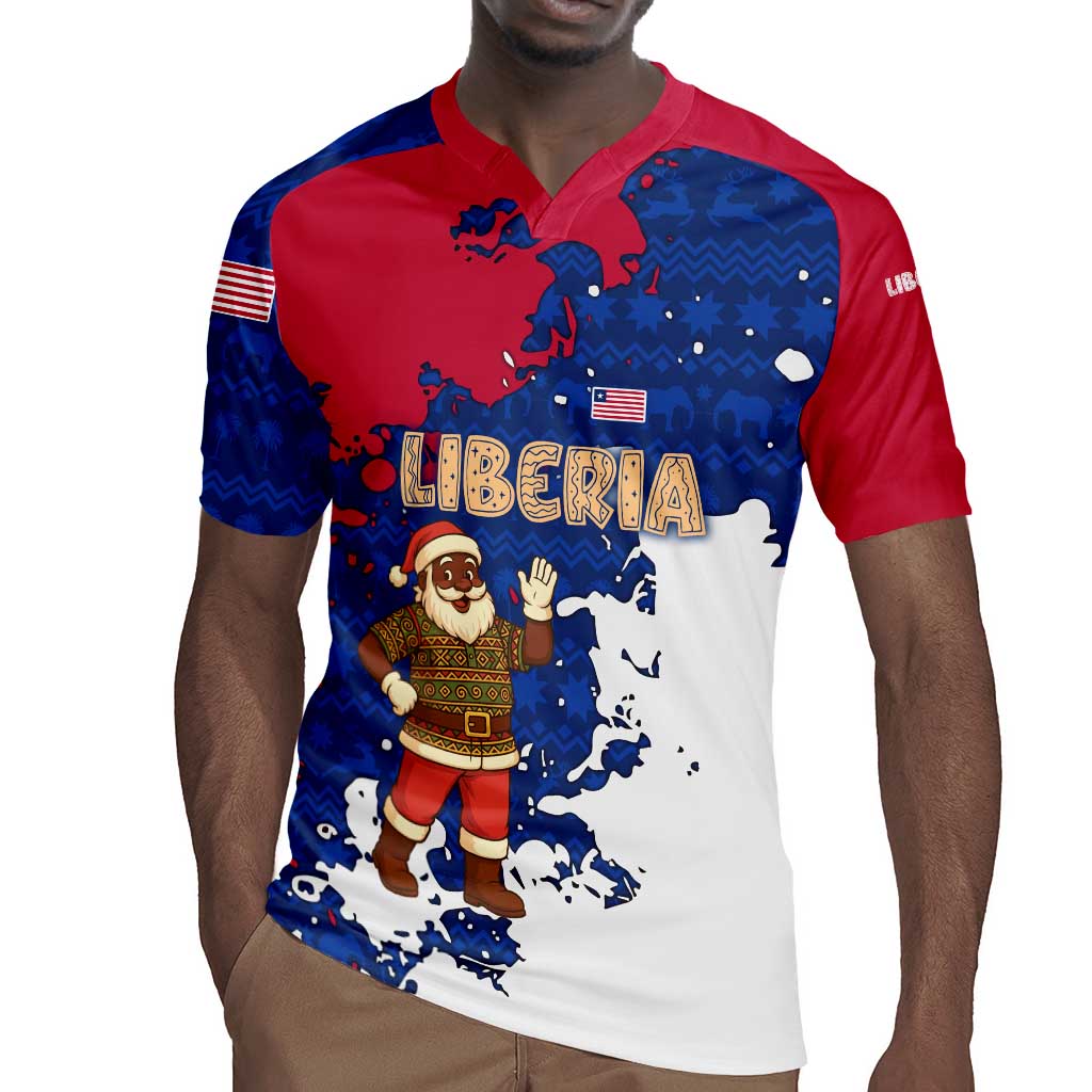 Liberia Christmas Rugby Jersey Santa Claus Map Graphic and Red Blue Festive - African Pride