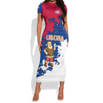 Liberia Christmas Short Sleeve Bodycon Dress Santa Claus Map Graphic and Red Blue Festive - African Pride