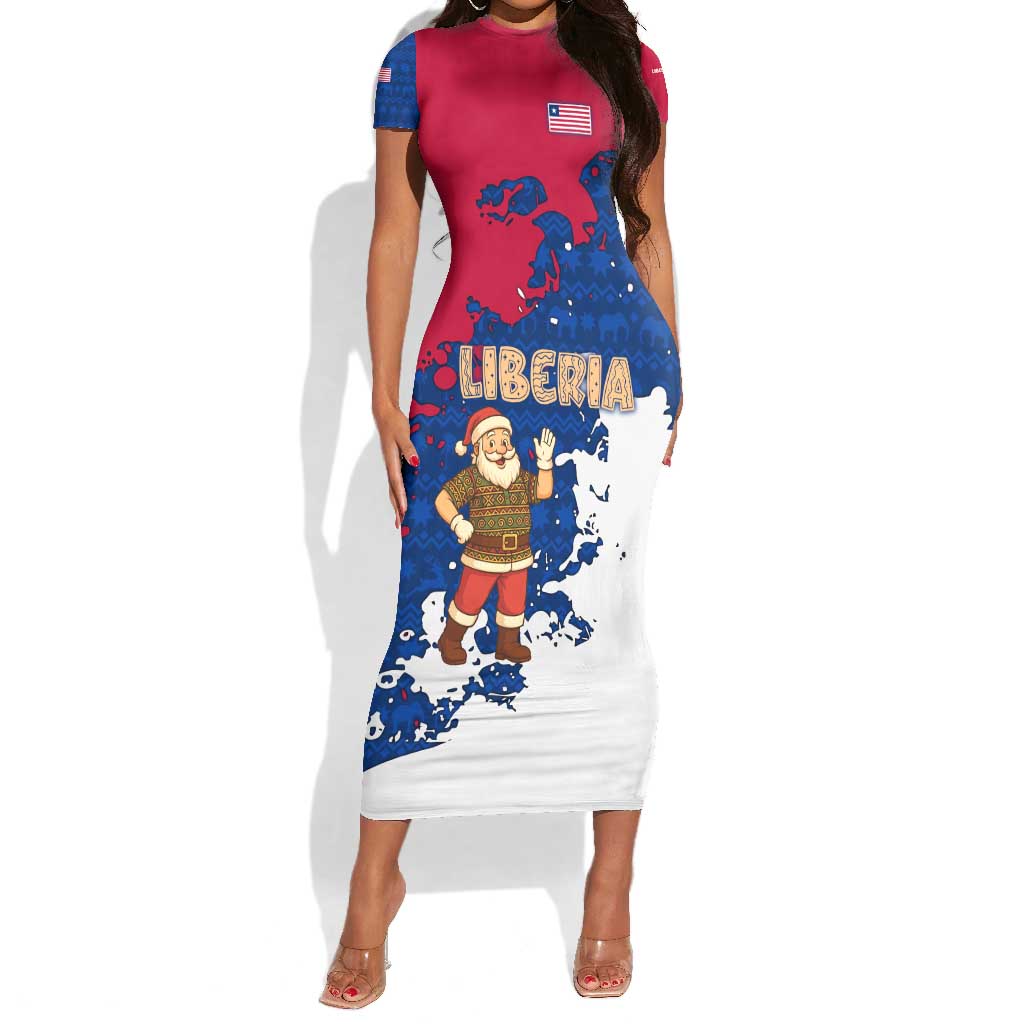 Liberia Christmas Short Sleeve Bodycon Dress Santa Claus Map Graphic and Red Blue Festive - African Pride