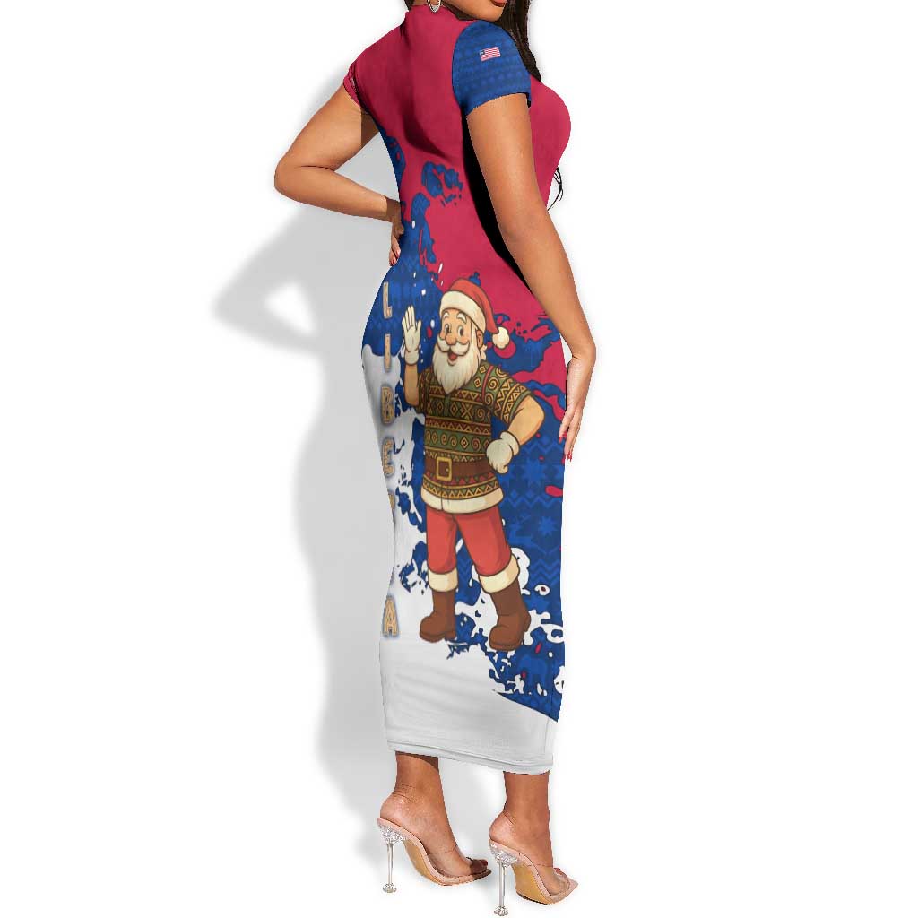 Liberia Christmas Short Sleeve Bodycon Dress Santa Claus Map Graphic and Red Blue Festive - African Pride