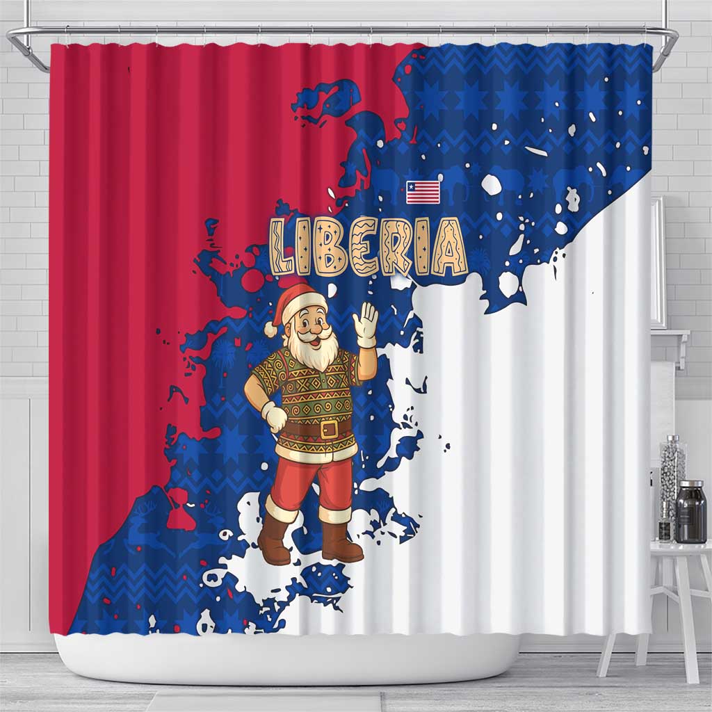 Liberia Christmas Shower Curtain Santa Claus Map Graphic and Red Blue Festive - African Pride