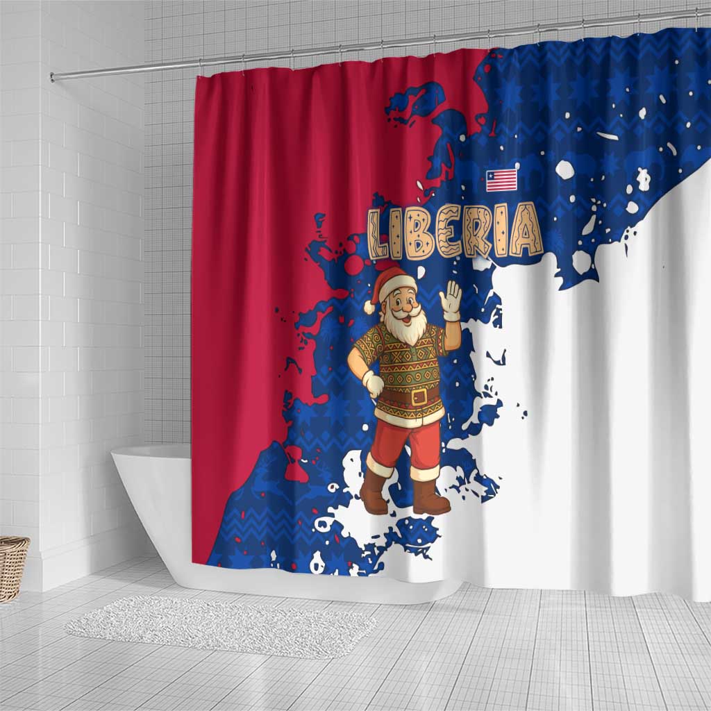 Liberia Christmas Shower Curtain Santa Claus Map Graphic and Red Blue Festive - African Pride