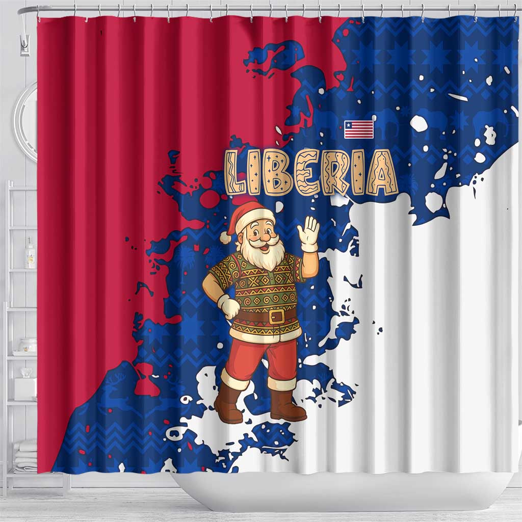 Liberia Christmas Shower Curtain Santa Claus Map Graphic and Red Blue Festive - African Pride