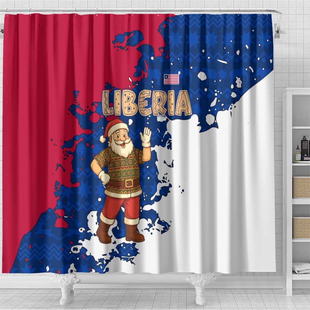 Liberia Christmas Shower Curtain Santa Claus Map Graphic and Red Blue Festive - African Pride