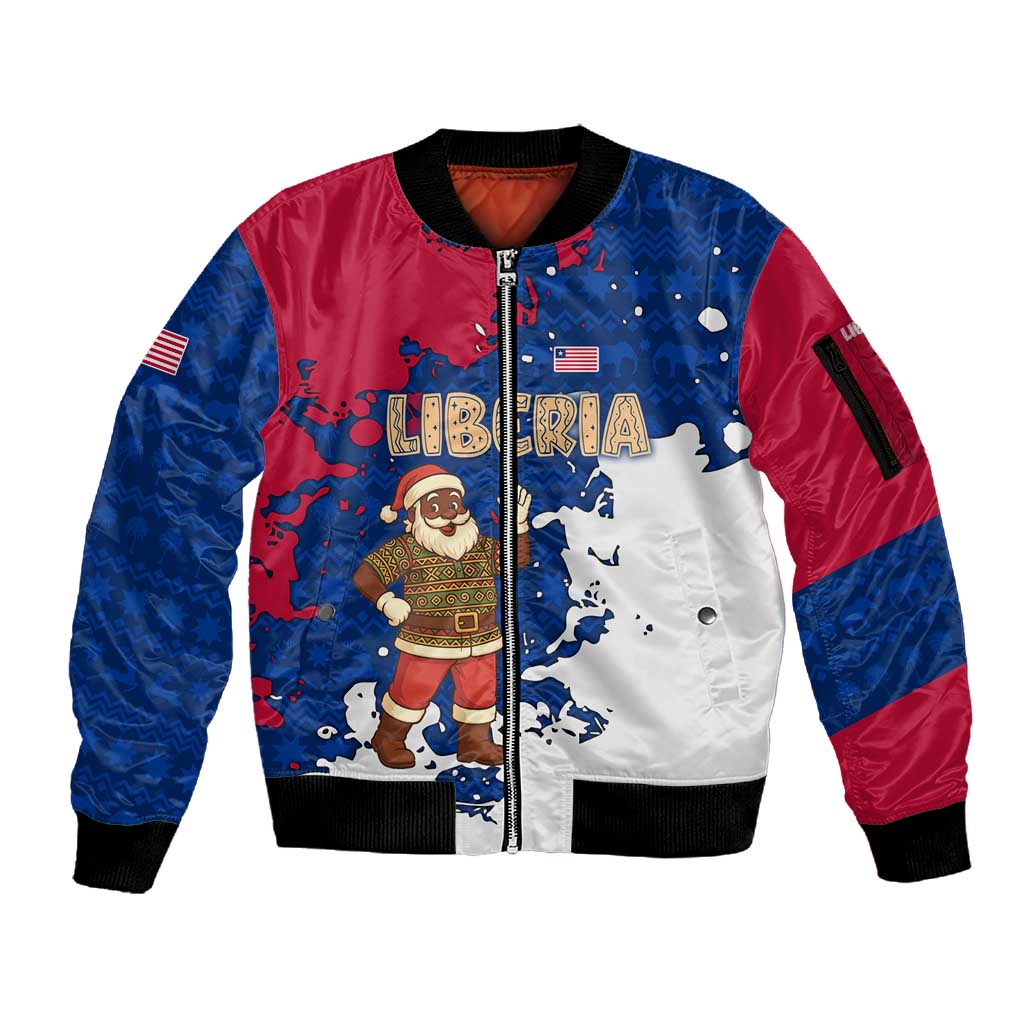 Liberia Christmas Sleeve Zip Bomber Jacket Santa Claus Map Graphic and Red Blue Festive - African Pride